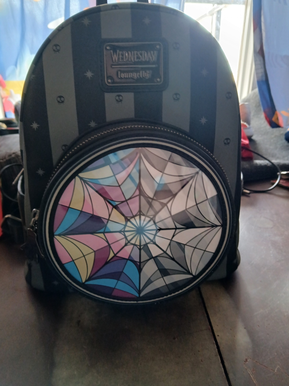 Wednesday Addams Loungefly Mini Backpack with Multicolor Web - Picture 2 of 6